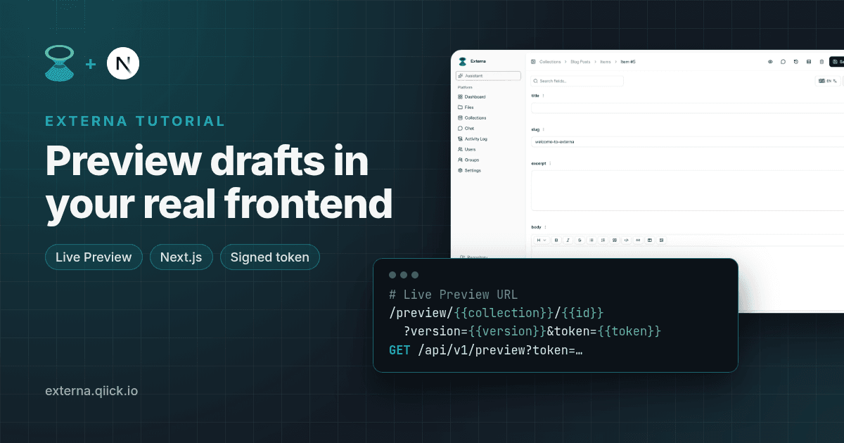 An Externa item form next to the Live Preview URL template and the signed-token request a Next.js preview page makes.
