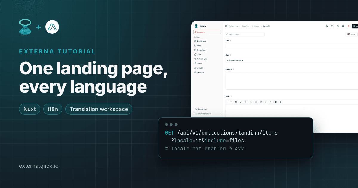 Externa's item editor with its locale switcher next to the locale-aware API request a Nuxt page makes.